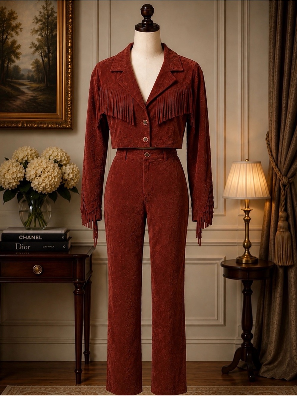 Vintage Action Wear Fringed Crop Jacket & High-Waist Flare Old Money